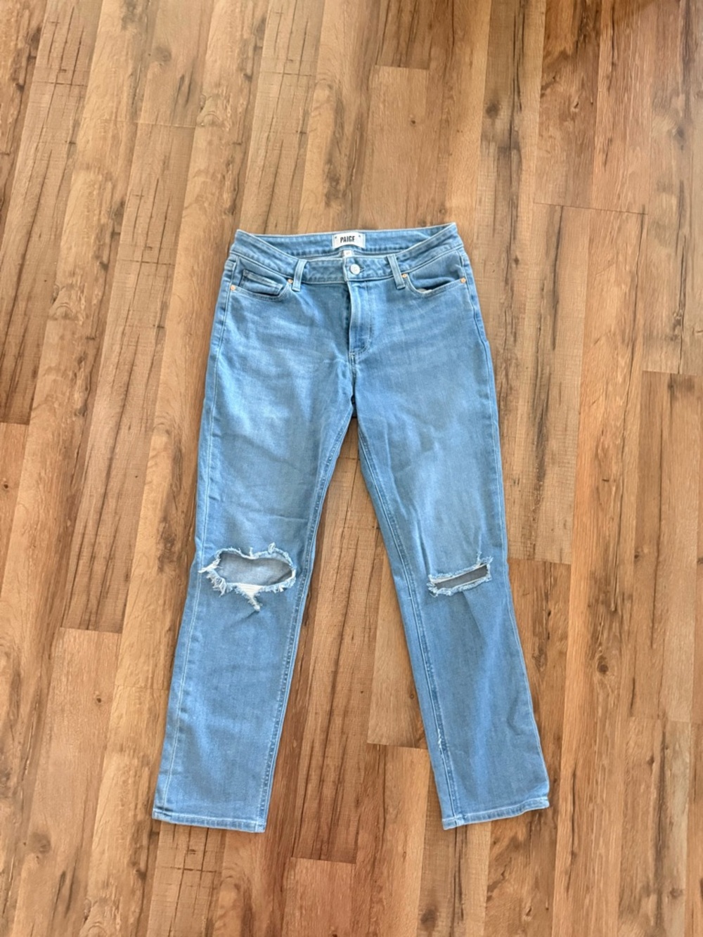 PAIGE Light Blue Straight Leg Jeans with Knee Rips